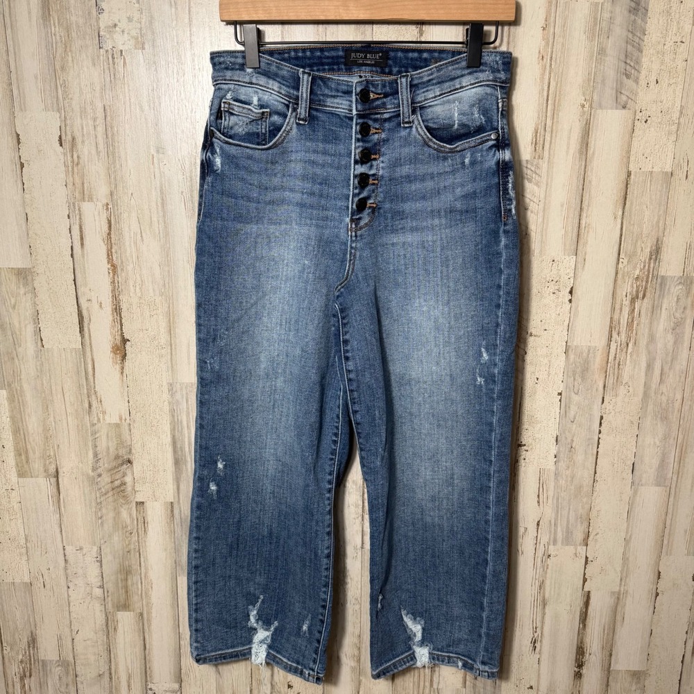 Judy Blue Wide Leg High Rise Button Fly Distress Jeans Womens Size 7/28